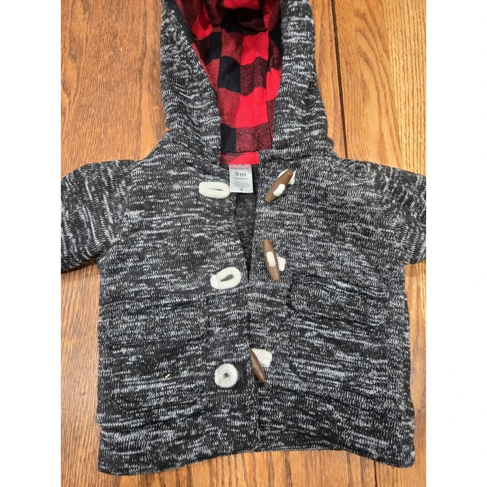 Carter's Baby Boy Jacket Hooded Knit Sweater Toggles Red Buffalo Plaid 9 Mths